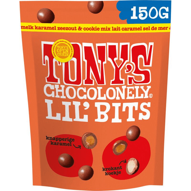 Tony&#039;s Chocolonely Lil&#039;bits melk karamel zeezout biscuit 150g